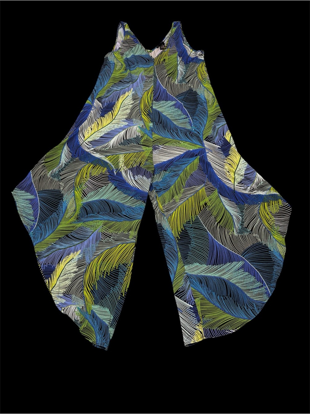 Tropical Print Wide Leg Jumpsuit - Blue Green Yellow